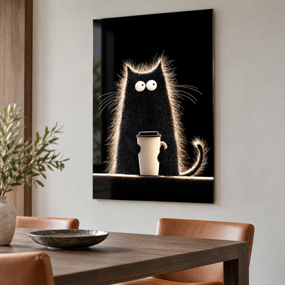 Yemek odasında kahve kupalı siyah kedi dikey cam tablo