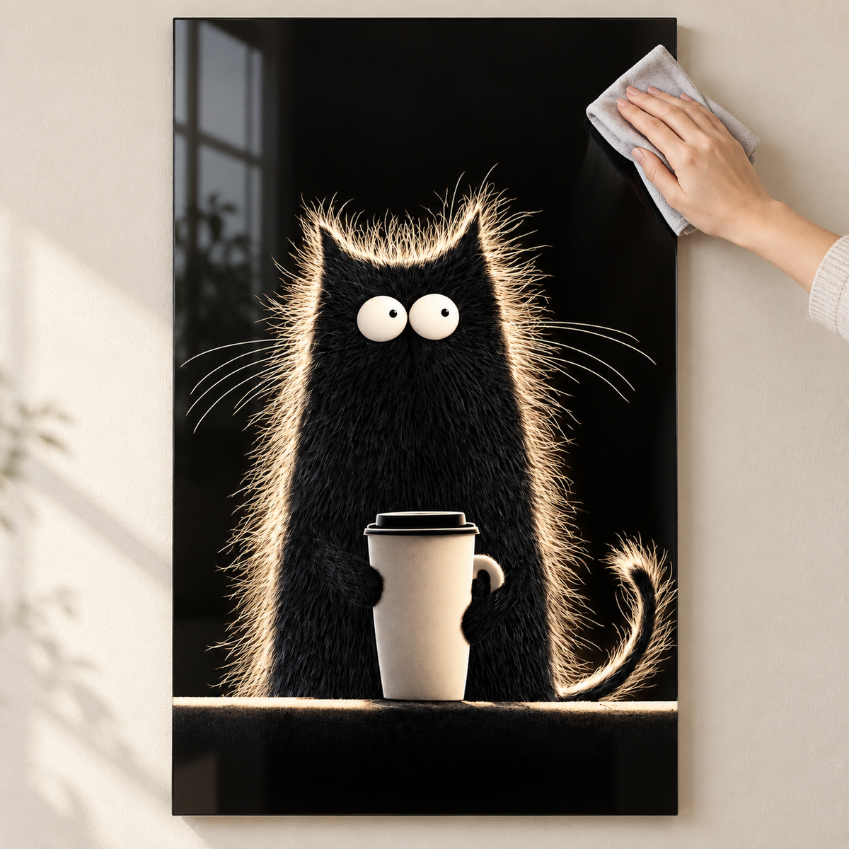 Kahve kupalı siyah kedi cam tablonun mikrofiber bezle temizliği