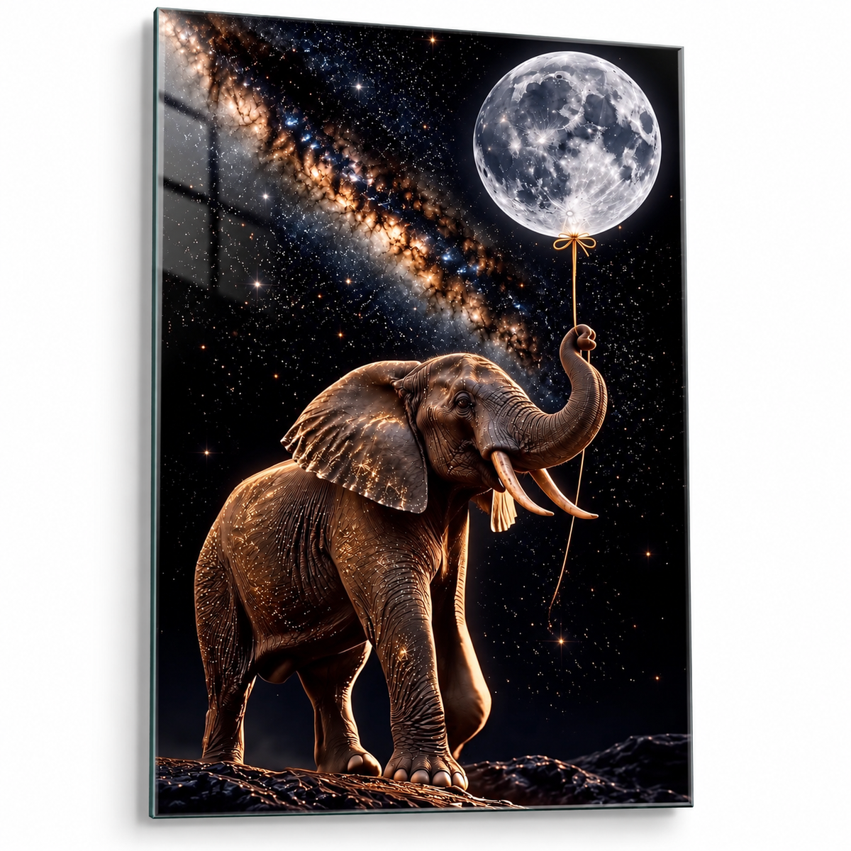 Ay Balonu Tutan Fil Dikey Cam Tablo - Beyaz zemin vitrin