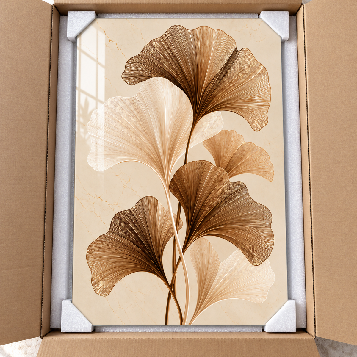 Bronz Krem Ginkgo Yaprakları Dikey Cam Tablo - Koruyucu paketleme