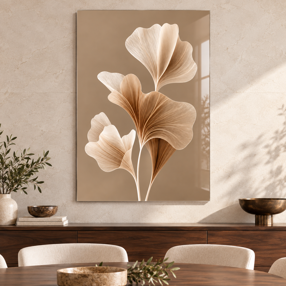 Taupe Zeminli Krem Bronz Ginkgo Dikey Cam Tablo - Yemek odası