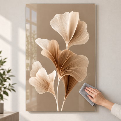 Taupe Zeminli Krem Bronz Ginkgo Dikey Cam Tablo - Kolay temizlik