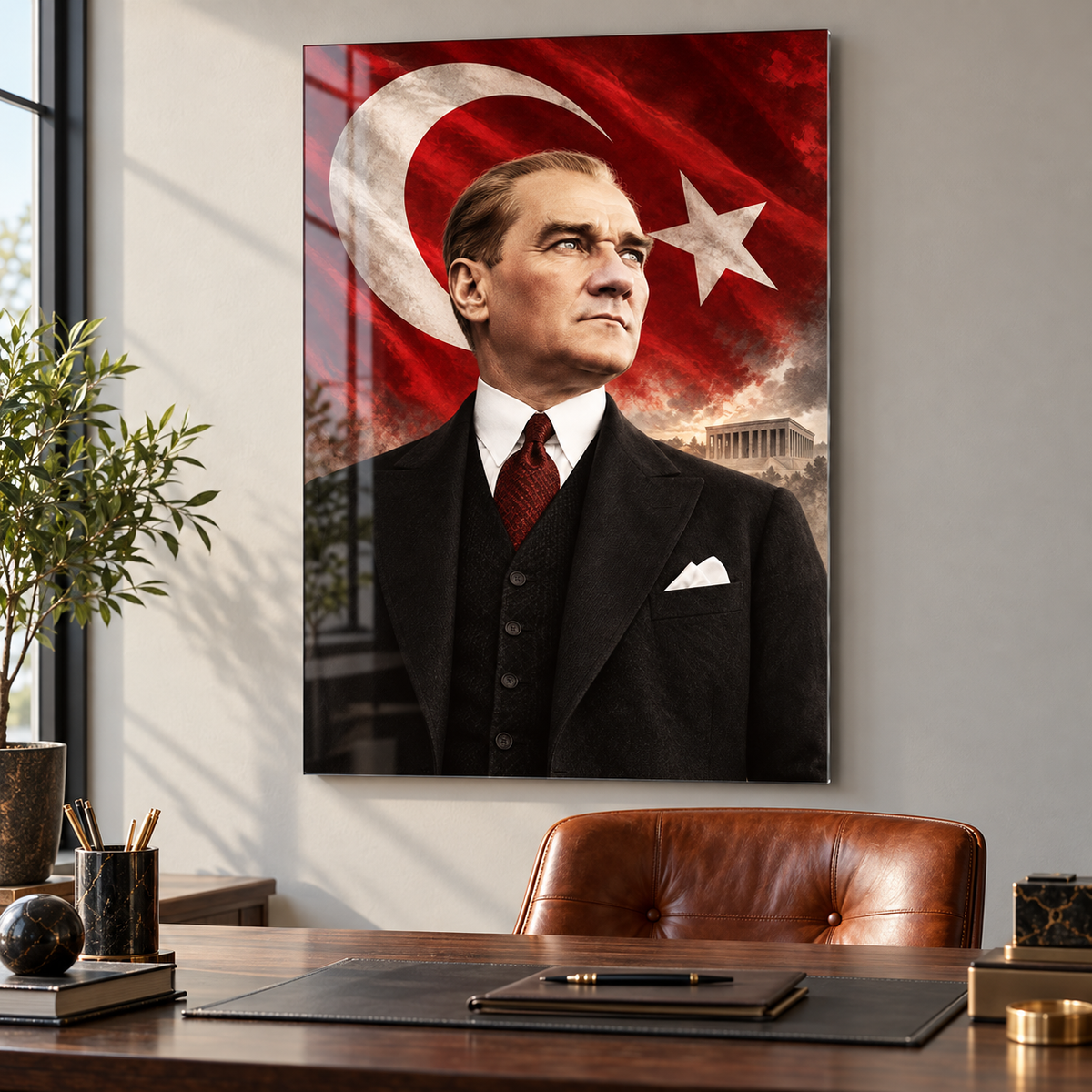 Atatürk Türk Bayrağı ve Anıtkabir Dikey Cam Tablo - Çalışma odası