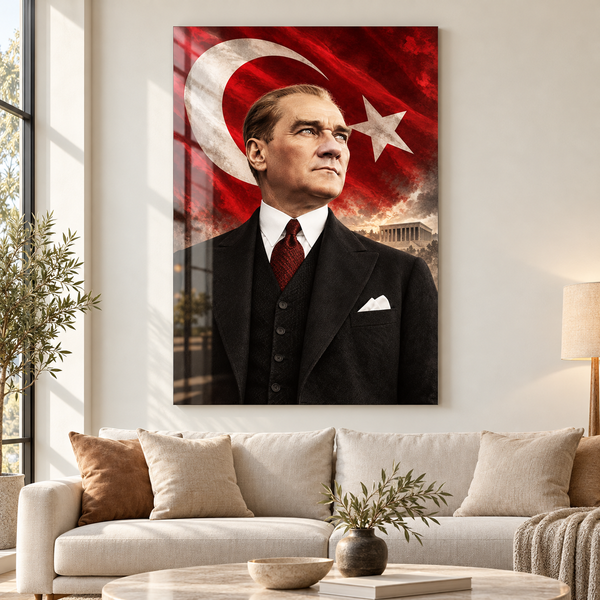 Atatürk Türk Bayrağı ve Anıtkabir Dikey Cam Tablo - Premium salon