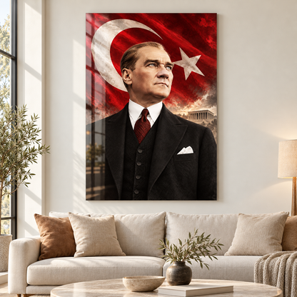Atatürk Türk Bayrağı ve Anıtkabir Dikey Cam Tablo - Premium salon