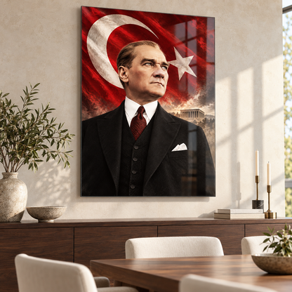Atatürk Türk Bayrağı ve Anıtkabir Dikey Cam Tablo - Yemek odası