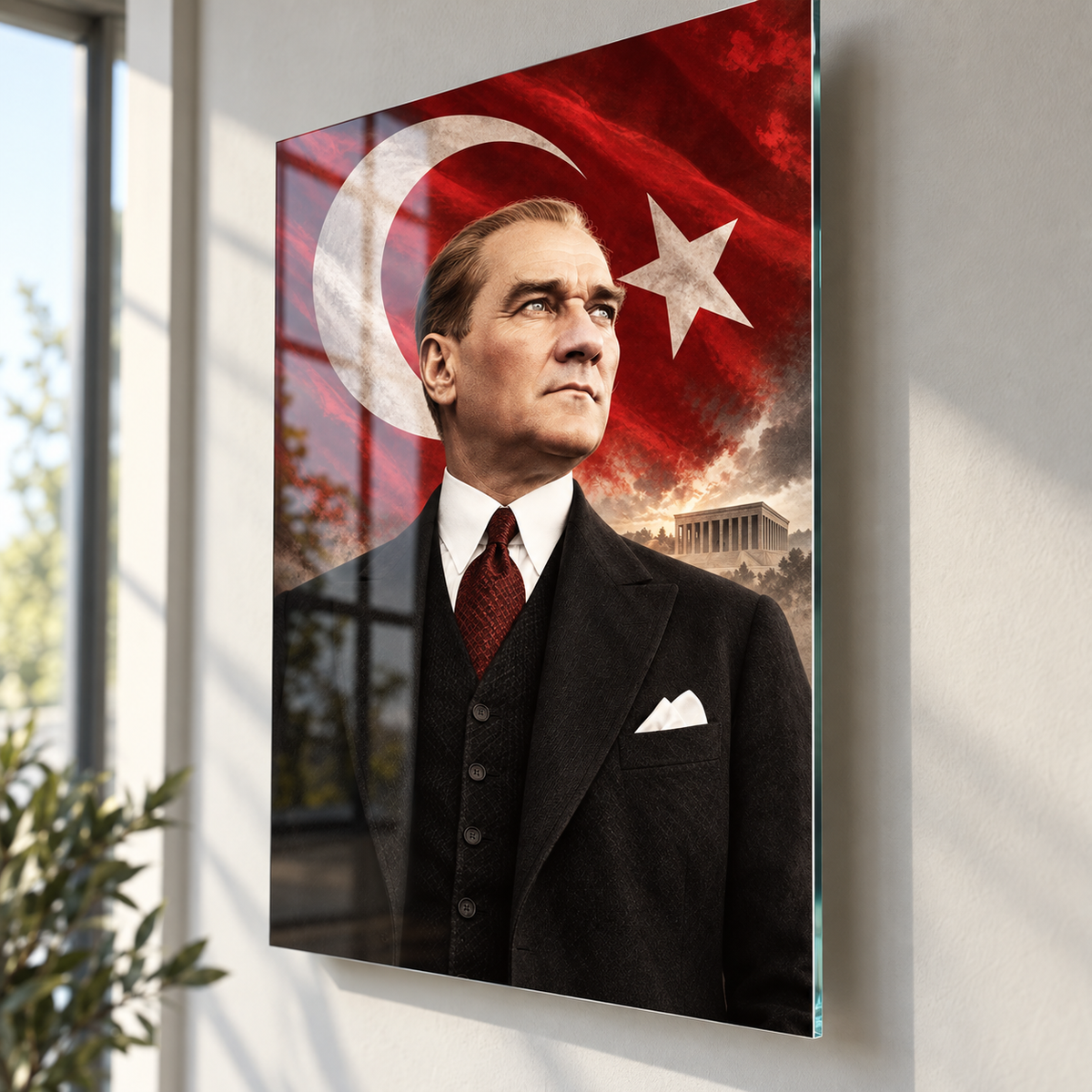 Atatürk Türk Bayrağı ve Anıtkabir Dikey Cam Tablo - Yüzer tablo ve duvar mesafesi