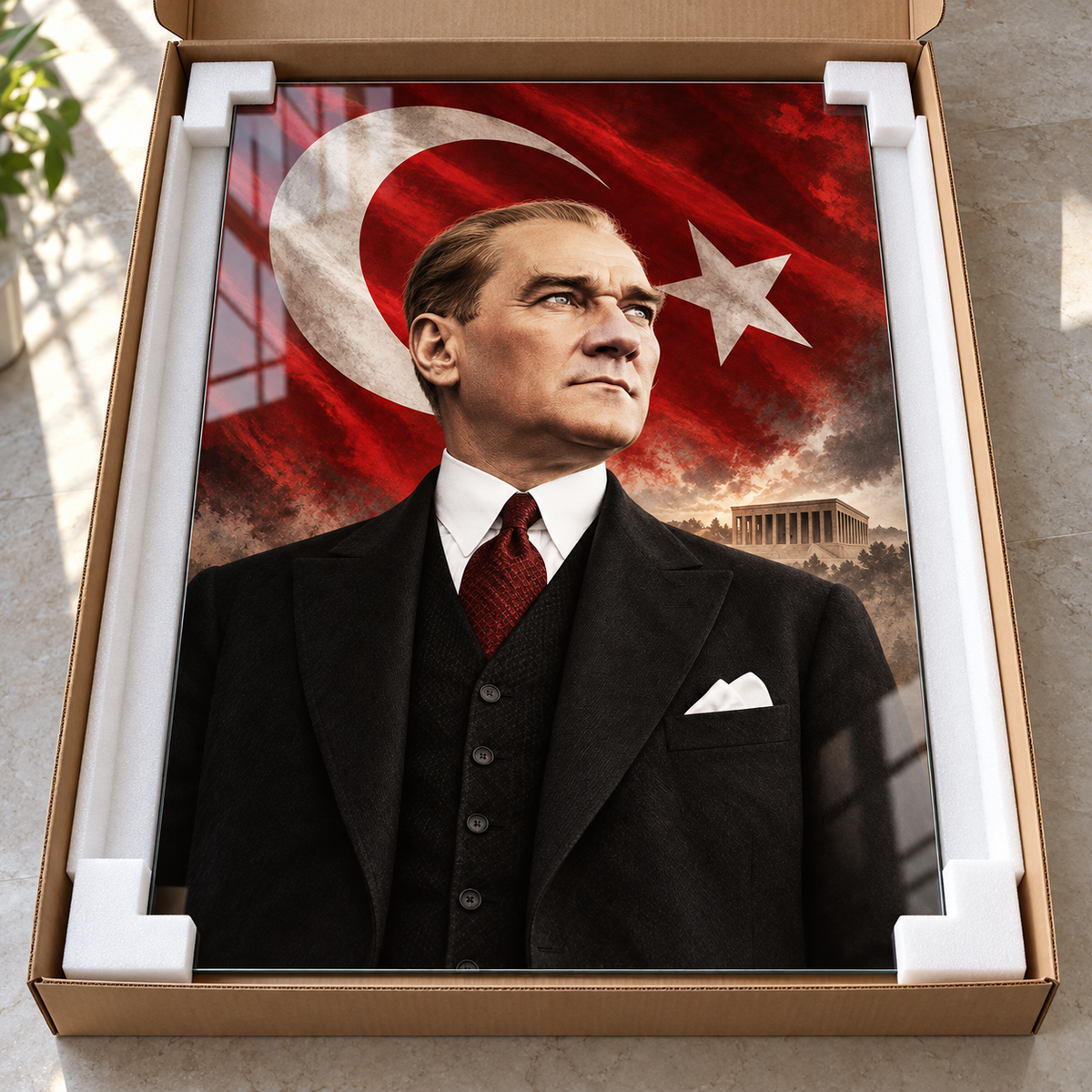 Atatürk Türk Bayrağı ve Anıtkabir Dikey Cam Tablo - Koruyucu paketleme