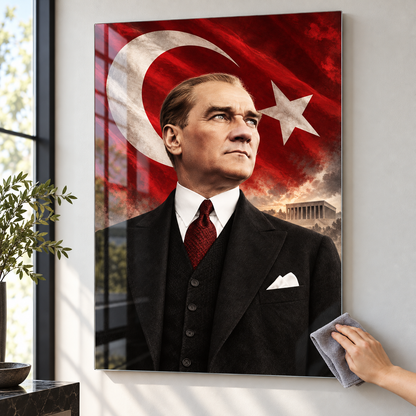 Atatürk Türk Bayrağı ve Anıtkabir Dikey Cam Tablo - Kolay temizlik