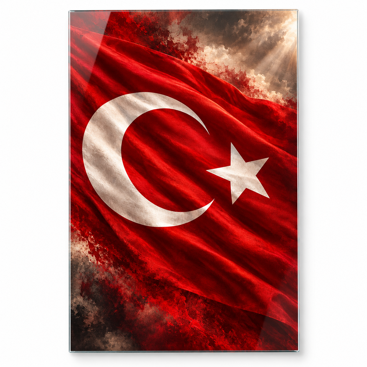 Dalgalanan Türk Bayrağı Dikey Cam Tablo - Beyaz zemin vitrin