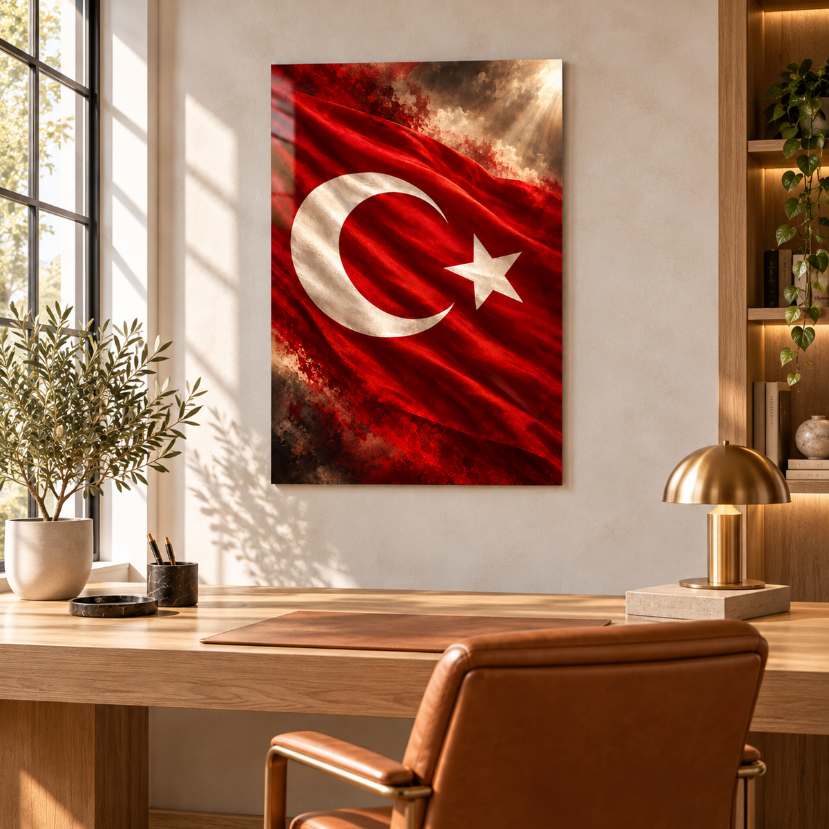 Dalgalanan Türk Bayrağı Dikey Cam Tablo - Çalışma odası