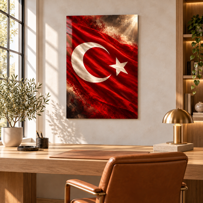 Dalgalanan Türk Bayrağı Dikey Cam Tablo - Çalışma odası