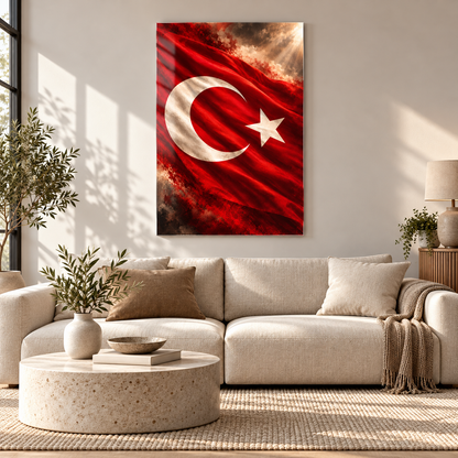 Dalgalanan Türk Bayrağı Dikey Cam Tablo - Premium salon