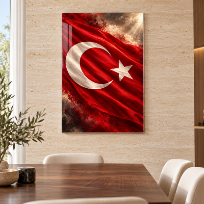 Dalgalanan Türk Bayrağı Dikey Cam Tablo - Yemek odası