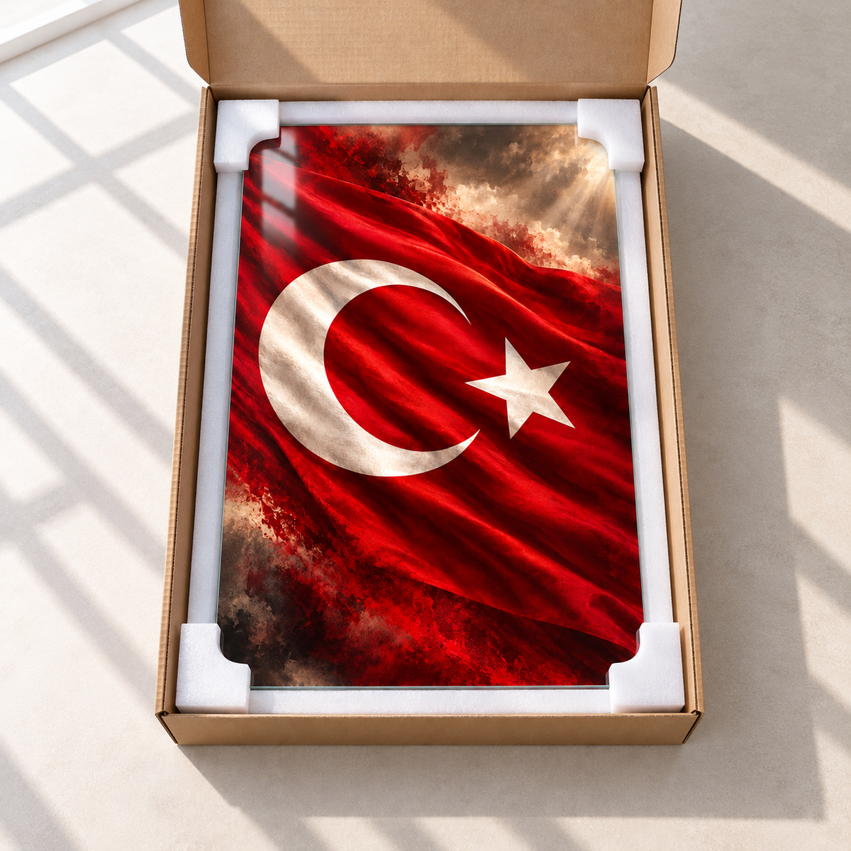 Dalgalanan Türk Bayrağı Dikey Cam Tablo - Koruyucu paketleme