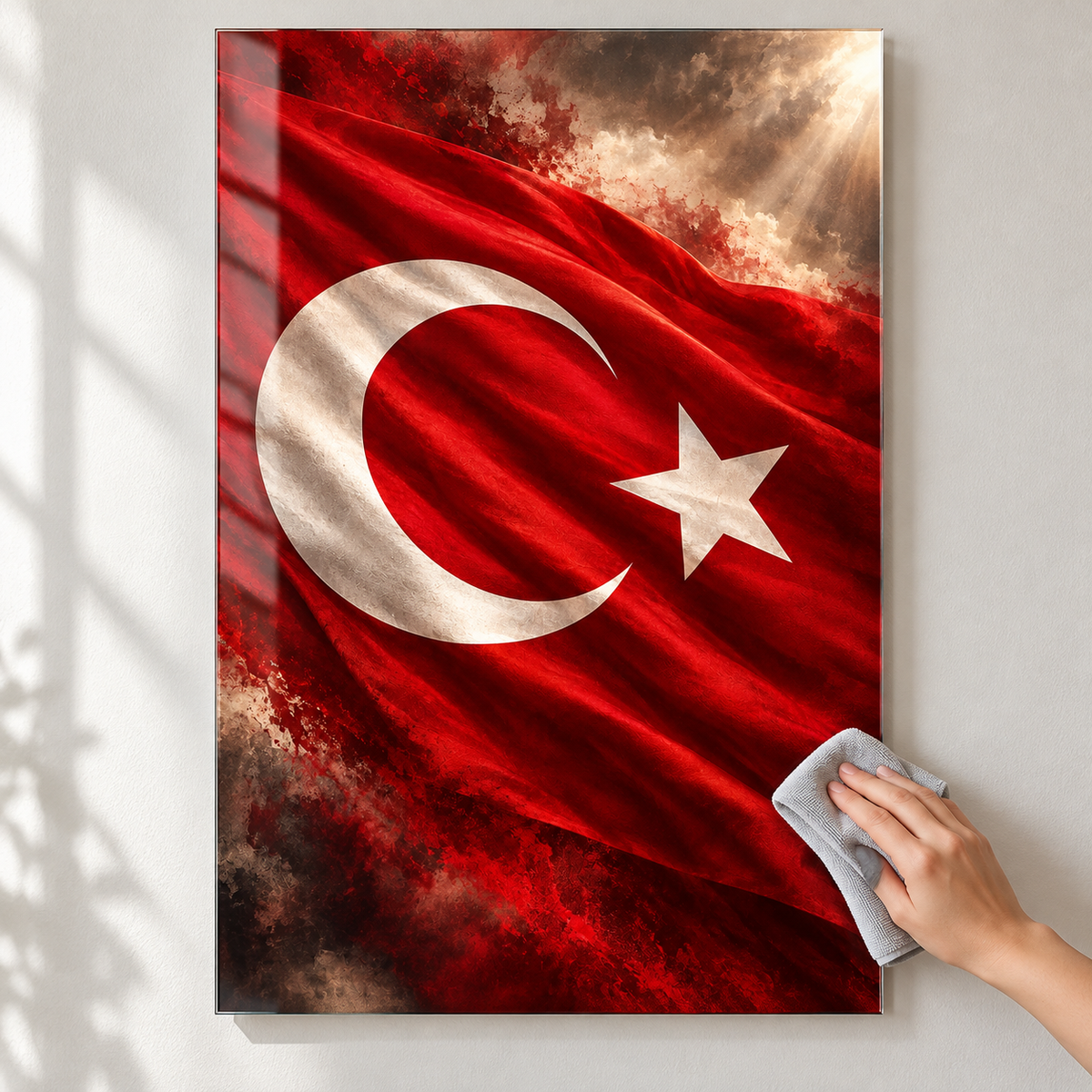 Dalgalanan Türk Bayrağı Dikey Cam Tablo - Kolay temizlik
