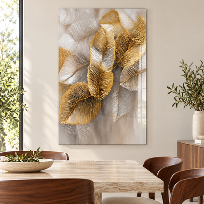 Krem Altın İnce Damarlı Yapraklar Dikey Cam Tablo - Yemek odası