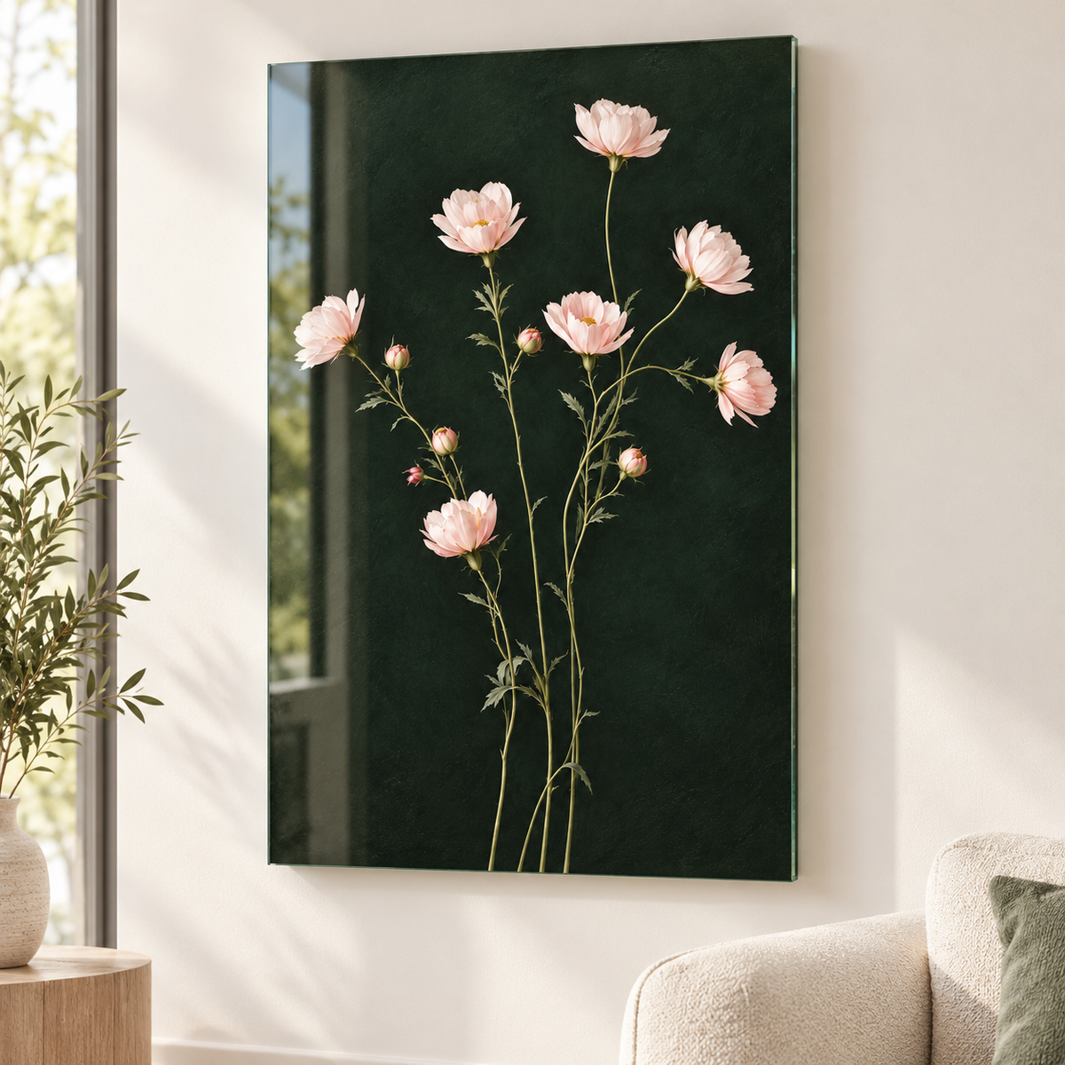 Koyu Yeşil Zeminli Pembe Çiçekler Dikey Cam Tablo - Premium salon