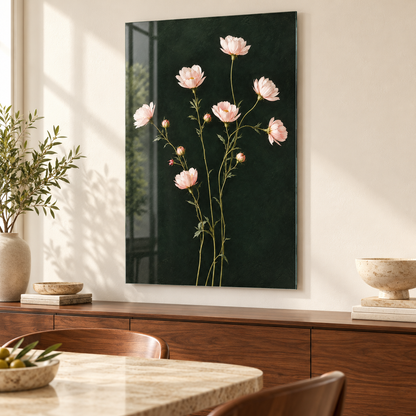 Koyu Yeşil Zeminli Pembe Çiçekler Dikey Cam Tablo - Yemek odası