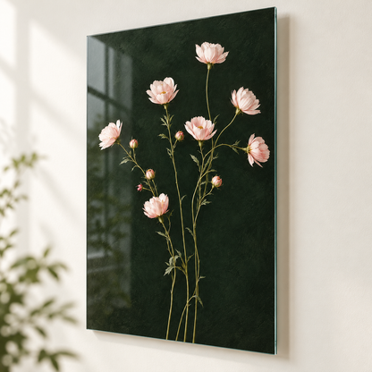 Koyu Yeşil Zeminli Pembe Çiçekler Dikey Cam Tablo - Duvar mesafesi