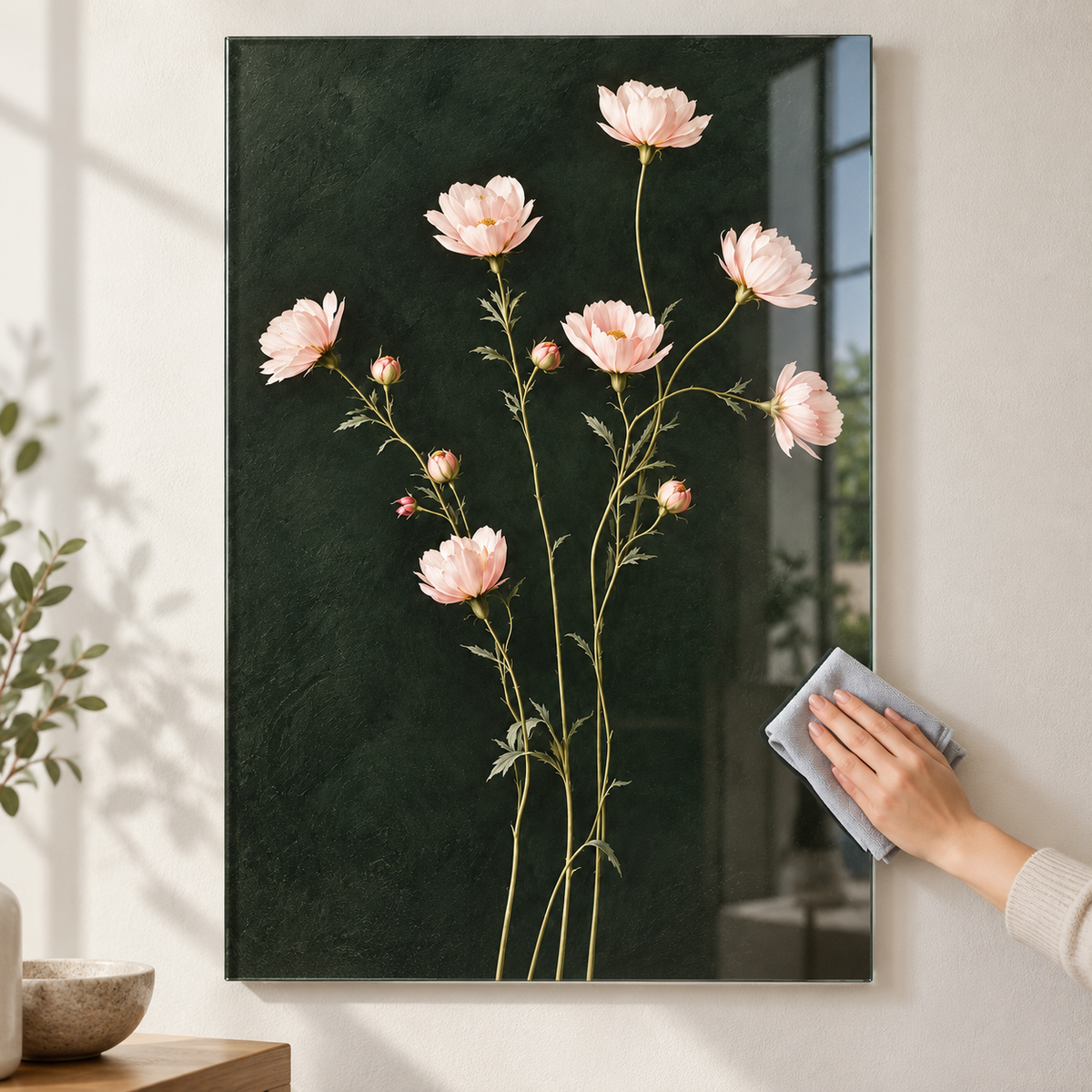 Koyu Yeşil Zeminli Pembe Çiçekler Dikey Cam Tablo - Kolay temizlik