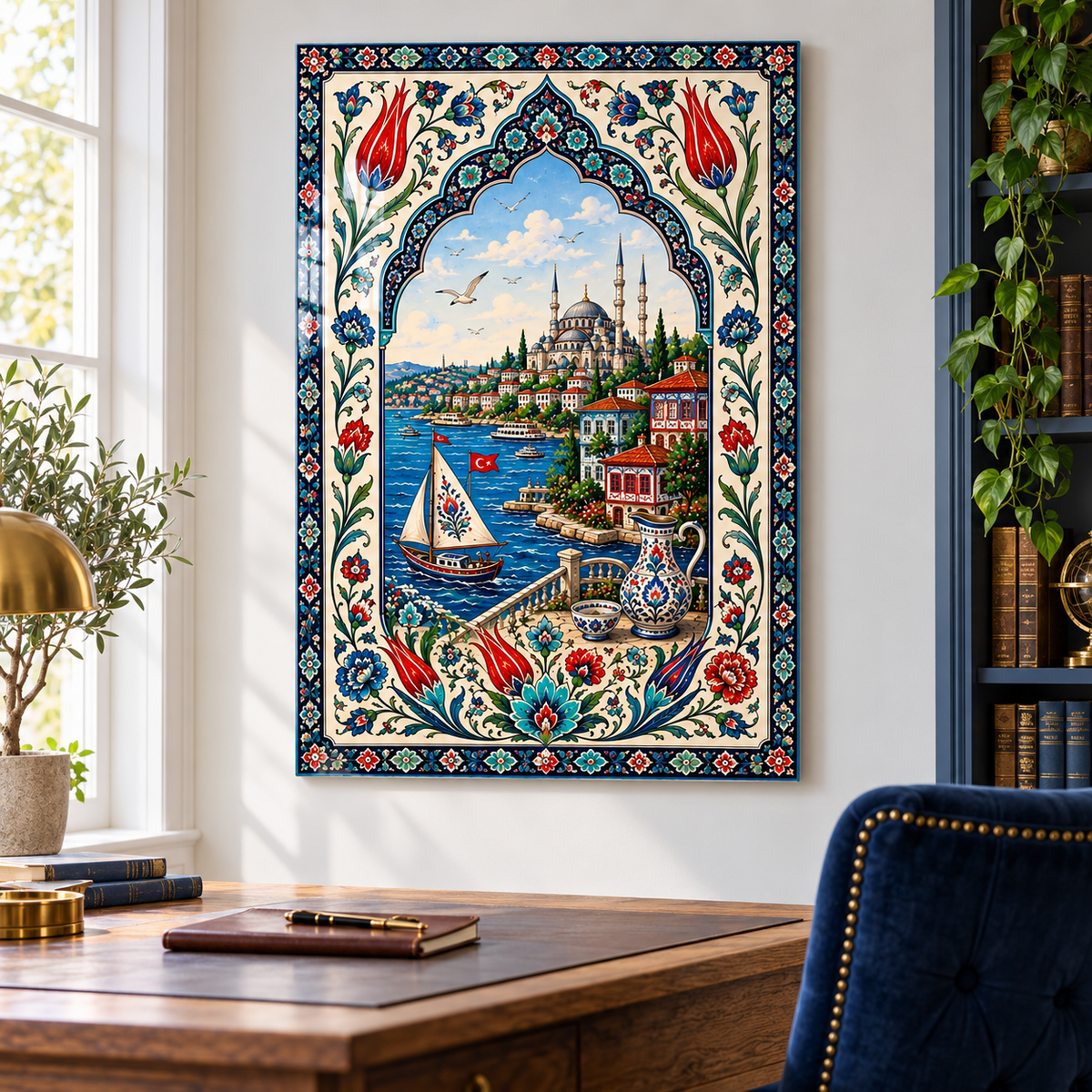 İstanbul ve Lale Motifli Dikey Cam Tablo - Çalışma odası