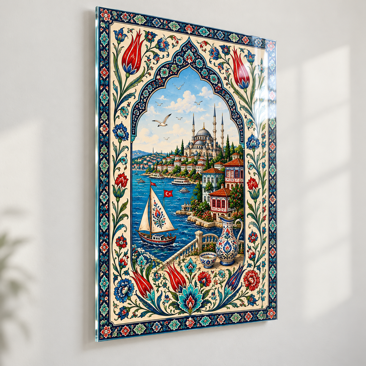 İstanbul ve Lale Motifli Dikey Cam Tablo - Duvar mesafesi