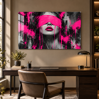 Pembe Siyah Grafiti Kadın Portresi Yatay Cam Tablo - Çalışma odası