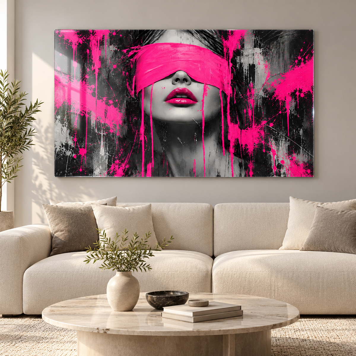 Pembe Siyah Grafiti Kadın Portresi Yatay Cam Tablo - Premium salon