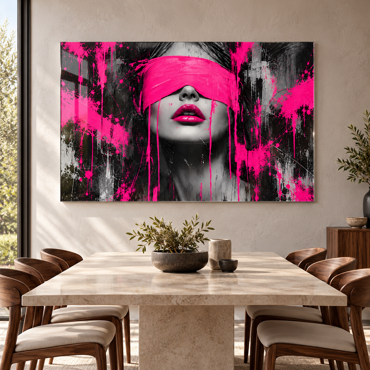 Pembe Siyah Grafiti Kadın Portresi Yatay Cam Tablo - Yemek odası