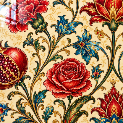 Lacivert Vazolu Lale ve Nar Motifli Dikey Cam Tablo - UV baskı detayı
