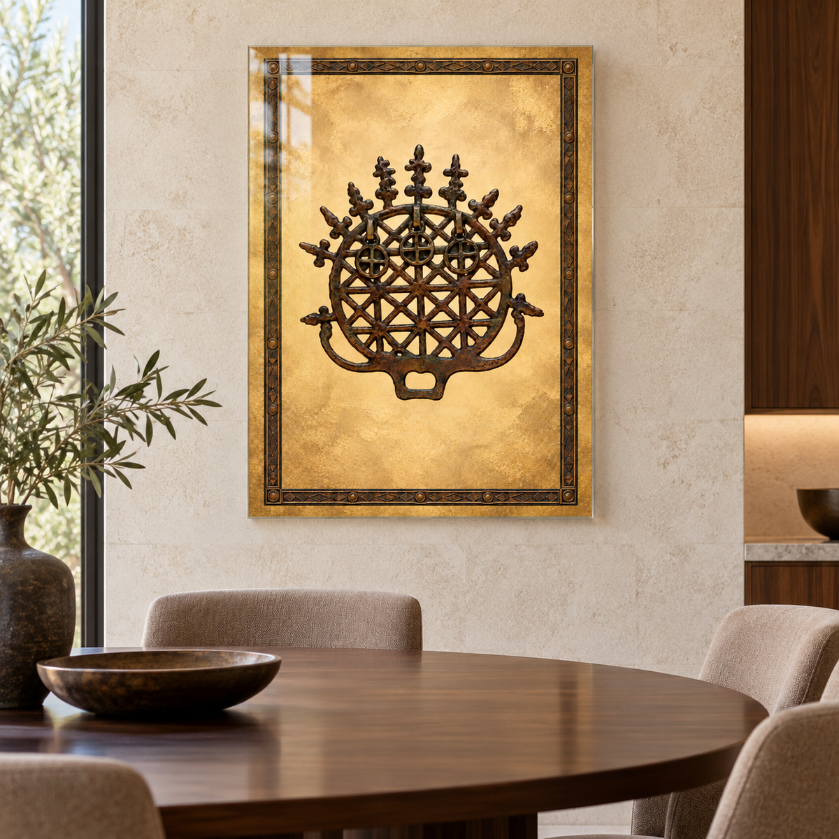Altın Zeminli Bronz Güneş Kursu Dikey Cam Tablo - Yemek odası