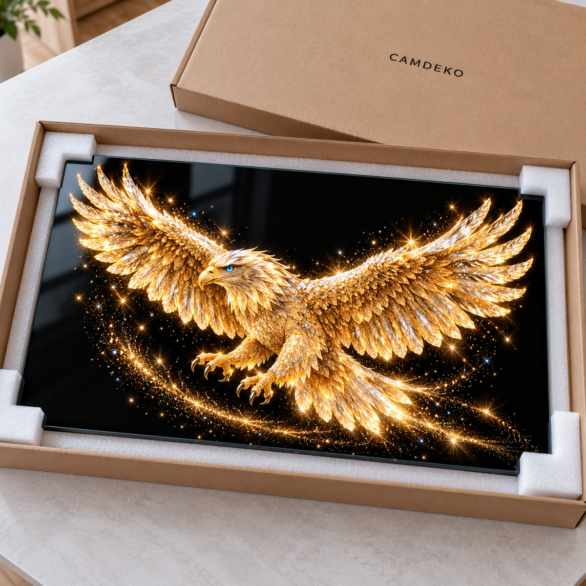 Altın Kristal Kartal Yatay Cam Tablo - Koruyucu paketleme