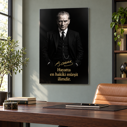 Altın Yazılı Atatürk Portresi Dikey Cam Tablo - Çalışma odası
