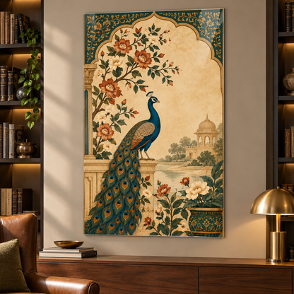 Çiçekli Kemer ve Tavus Kuşu Dikey Cam Tablo - Çalışma odası