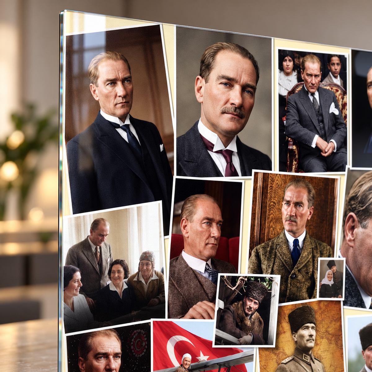 Atatürk Tarihi Fotoğraf Kolajı Dikey Cam Tablo - 5