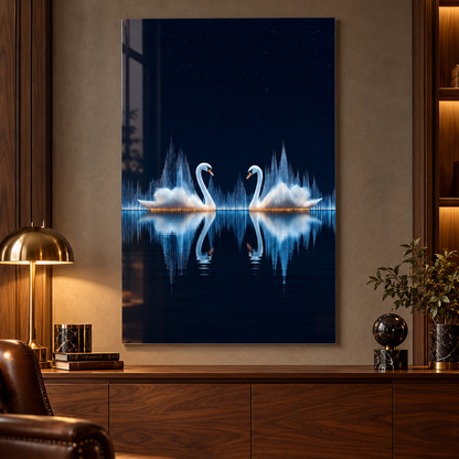 Mavi Ses Dalgaları ve Beyaz Kuğular Dikey Cam Tablo - 10