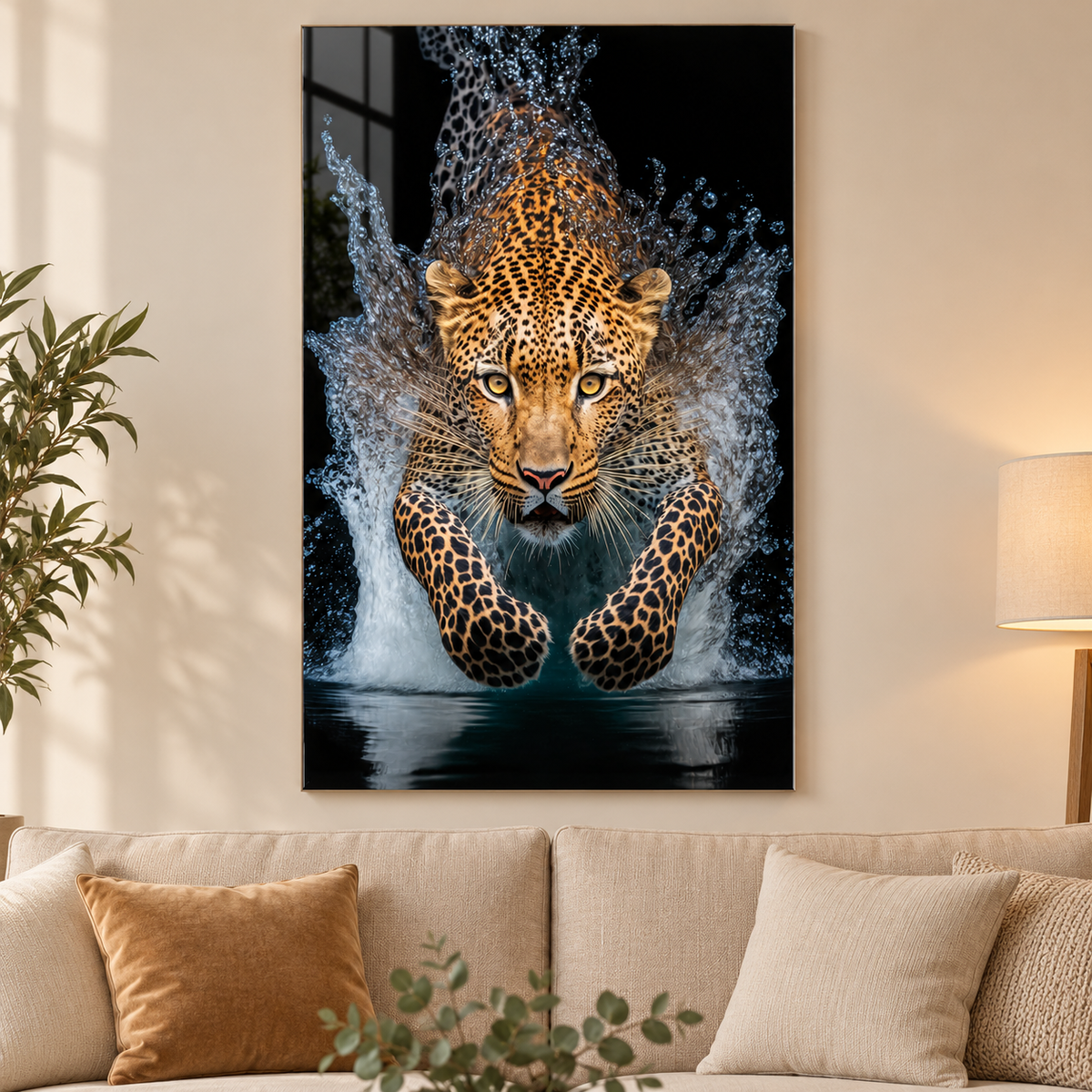 Su Sıçramaları İçinde Leopar Dikey Cam Tablo - 2