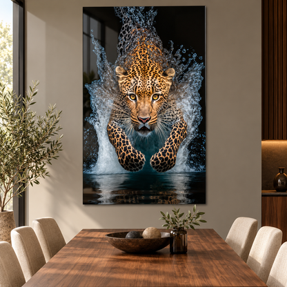 Su Sıçramaları İçinde Leopar Dikey Cam Tablo - 3