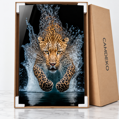 Su Sıçramaları İçinde Leopar Dikey Cam Tablo - 8