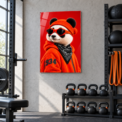 Kırmızı Bereli Gözlüklü Panda Dikey Cam Tablo - Fonksiyonel fitness salonu