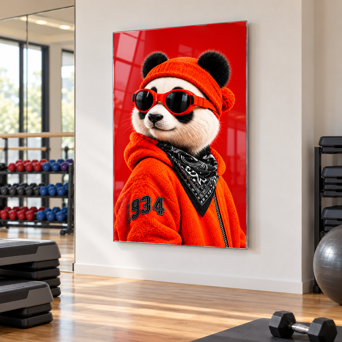 Kırmızı Bereli Gözlüklü Panda Dikey Cam Tablo - Grup egzersizi stüdyosu