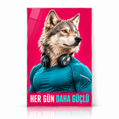 Her Gün Daha Güçlü Sporcu Kurt Dikey Cam Tablo - Beyaz vitrin