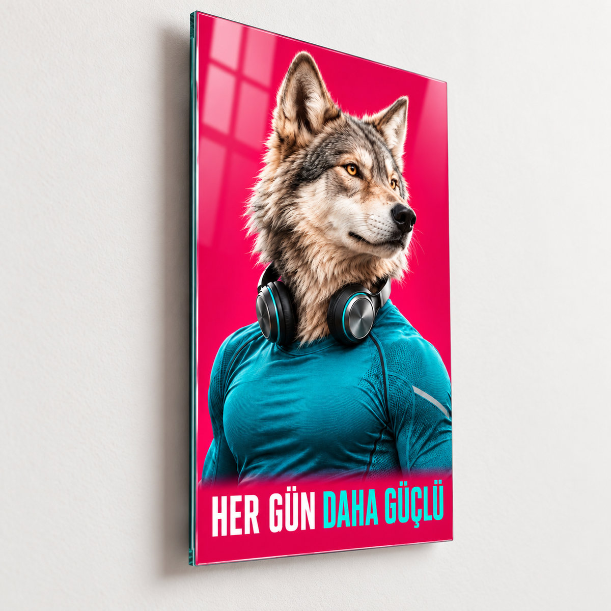 Her Gün Daha Güçlü Sporcu Kurt Dikey Cam Tablo - Duvar mesafesi