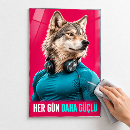 Her Gün Daha Güçlü Sporcu Kurt Dikey Cam Tablo - Mikrofiber bezle temizlik