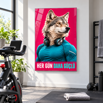 Her Gün Daha Güçlü Sporcu Kurt Dikey Cam Tablo - Ev kardiyo alanı