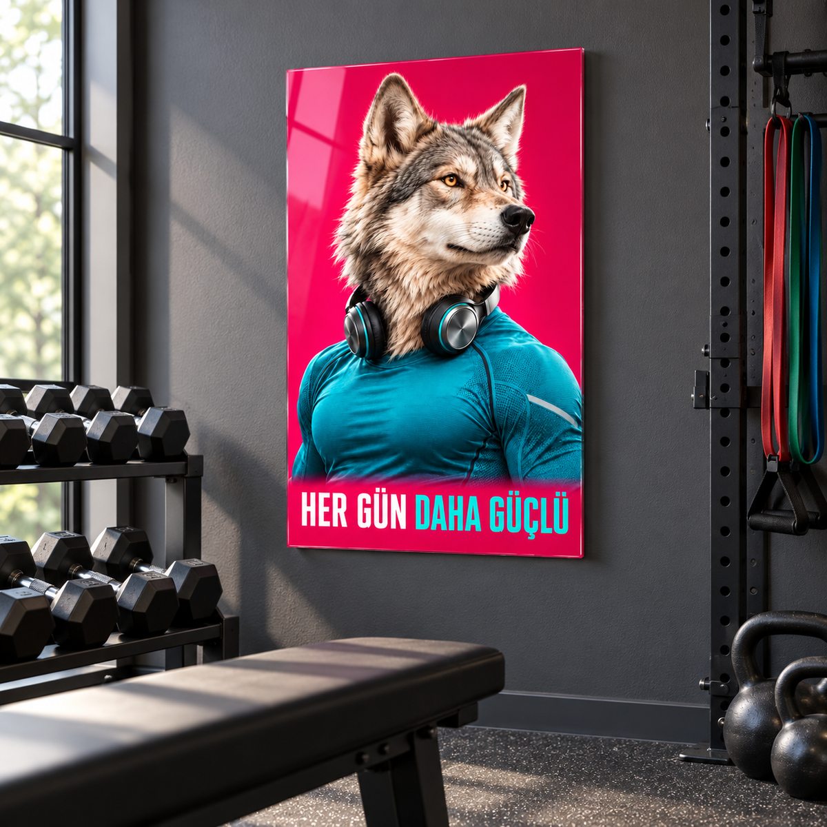 Her Gün Daha Güçlü Sporcu Kurt Dikey Cam Tablo - Kuvvet ve kondisyon stüdyosu