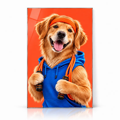 Mavi Sweatshirtlü Golden Köpek Dikey Cam Tablo - Beyaz vitrin