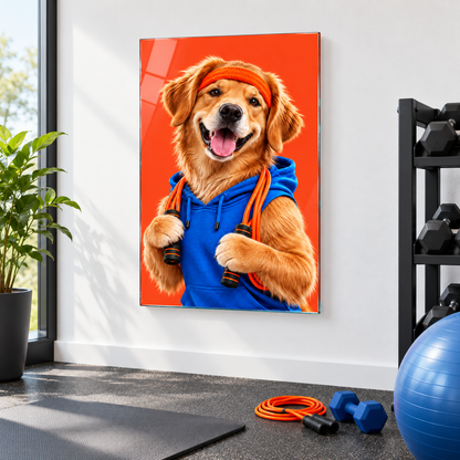 Mavi Sweatshirtlü Golden Köpek Dikey Cam Tablo - Ev kardiyo köşesi