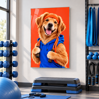 Mavi Sweatshirtlü Golden Köpek Dikey Cam Tablo - Grup kardiyo stüdyosu